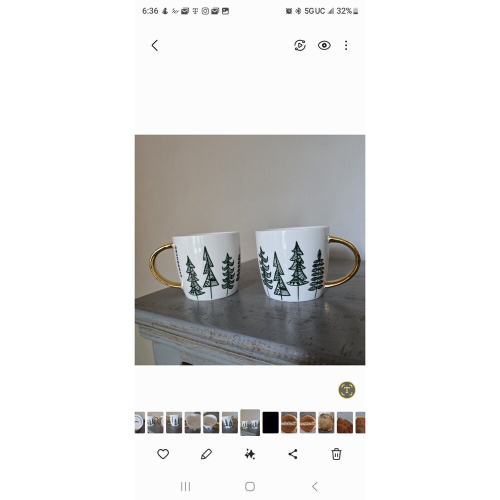 Starbucks Pine Trees Christmas  Coffee Mug Cup Christmas 14oz PAIR Gold 2015